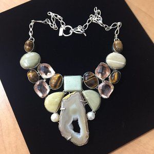 Geode & Pearl Multi-Gems Bib Statement Necklace
